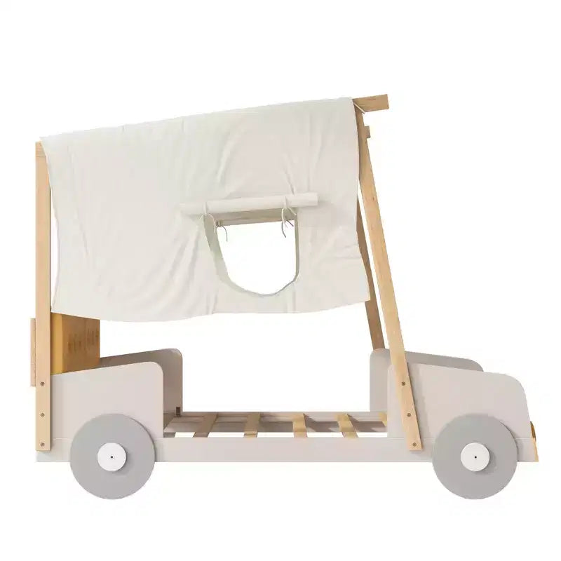 Whisen Holzauto-Bett mit Kissen, Himmelsstoff und LED – Natur