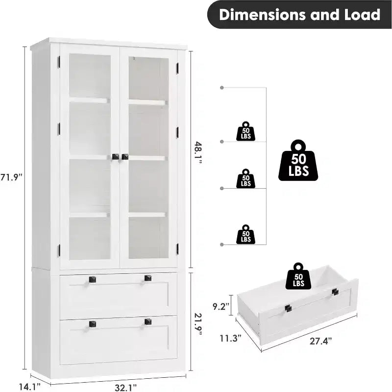 Farmhouse Küchenschrank mit Glastüren, 183 cm Vorratsschrank mit Schubladen und verstellbaren Regalböden für Esszimmer, Bad, Wohnzimmer