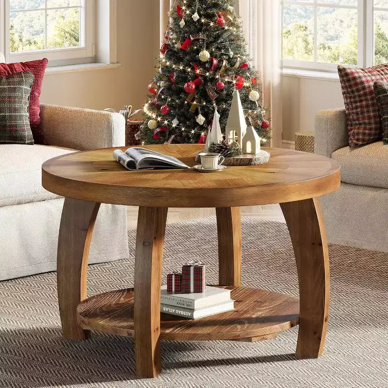 Lantine Couchtisch rund aus Massivholz, 2-stöckiger Beistelltisch mit Stauraum, 80 cm Tischplatte mit Mosaikmuster, einfache Montage, für Wohnzimmer, Braun