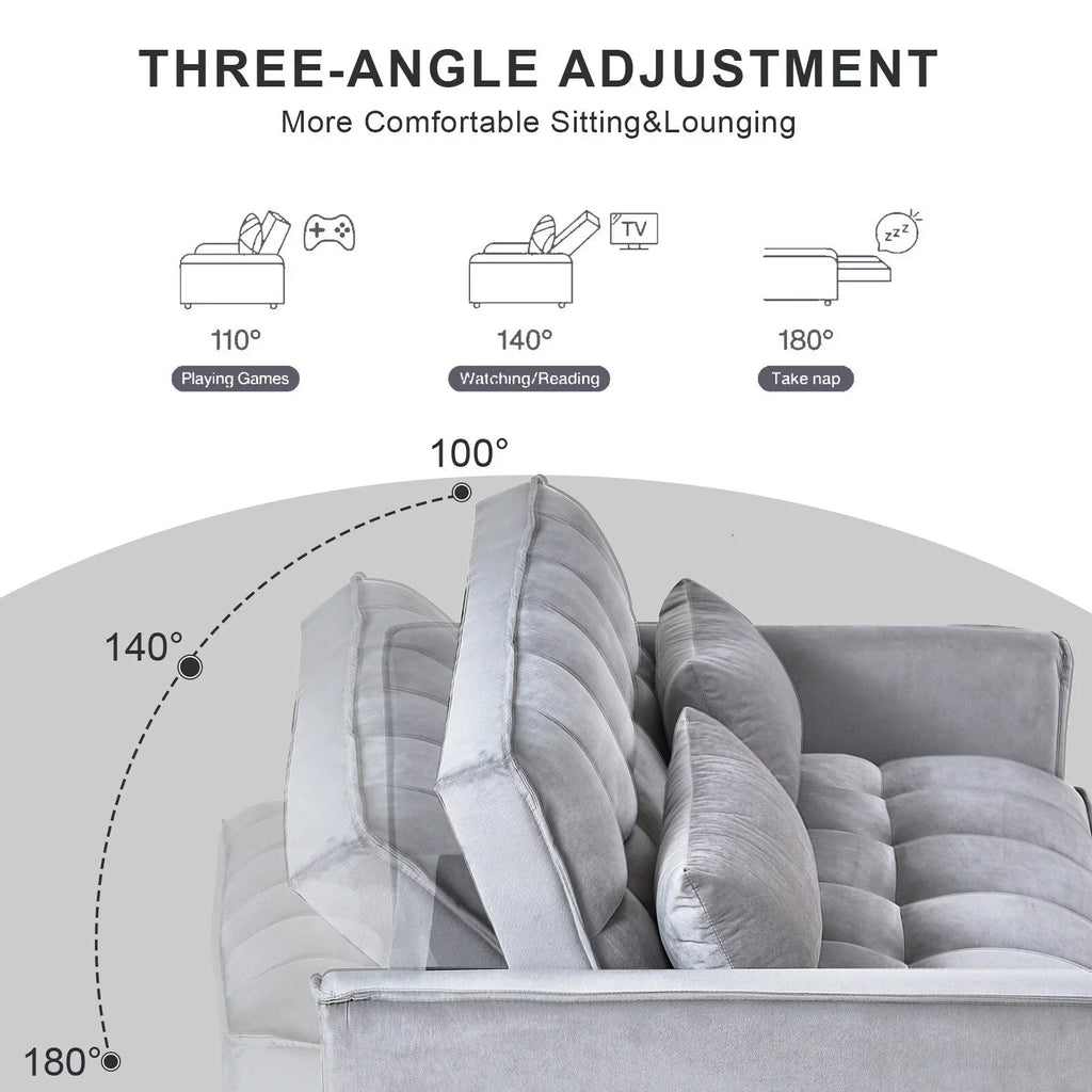 Modernes Schlafsofa zum Ausziehen, 3-in-1 Schlafsofa mit verstellbarer Rückenlehne, Samt-Zweisitzer, Kissen & Seitentaschen