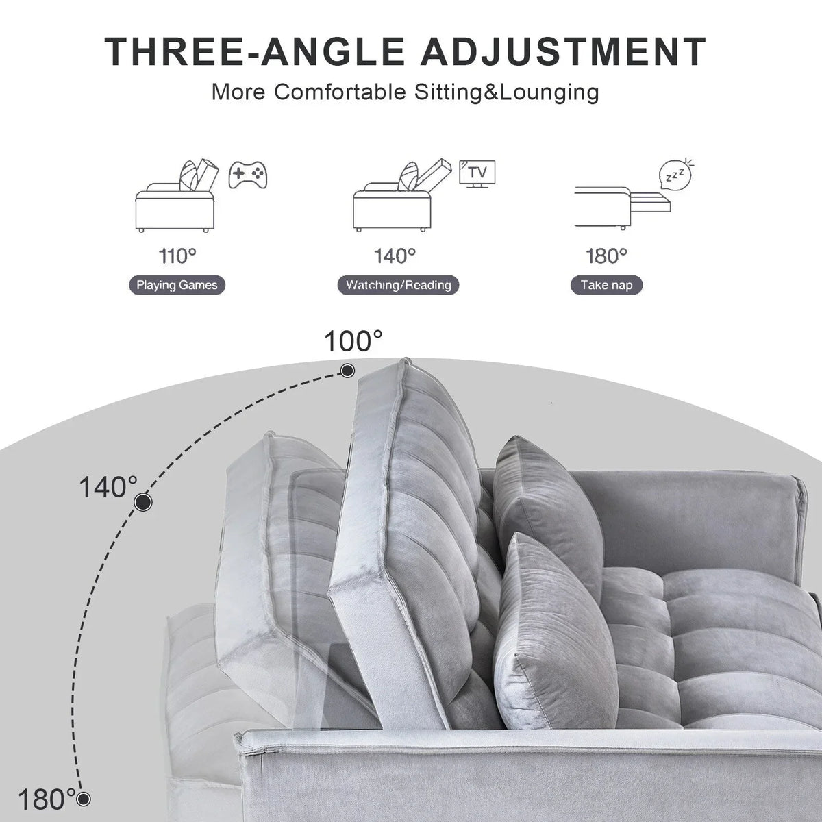 Modernes Schlafsofa zum Ausziehen, 3-in-1 Schlafsofa mit verstellbarer Rückenlehne, Samt-Zweisitzer, Kissen & Seitentaschen