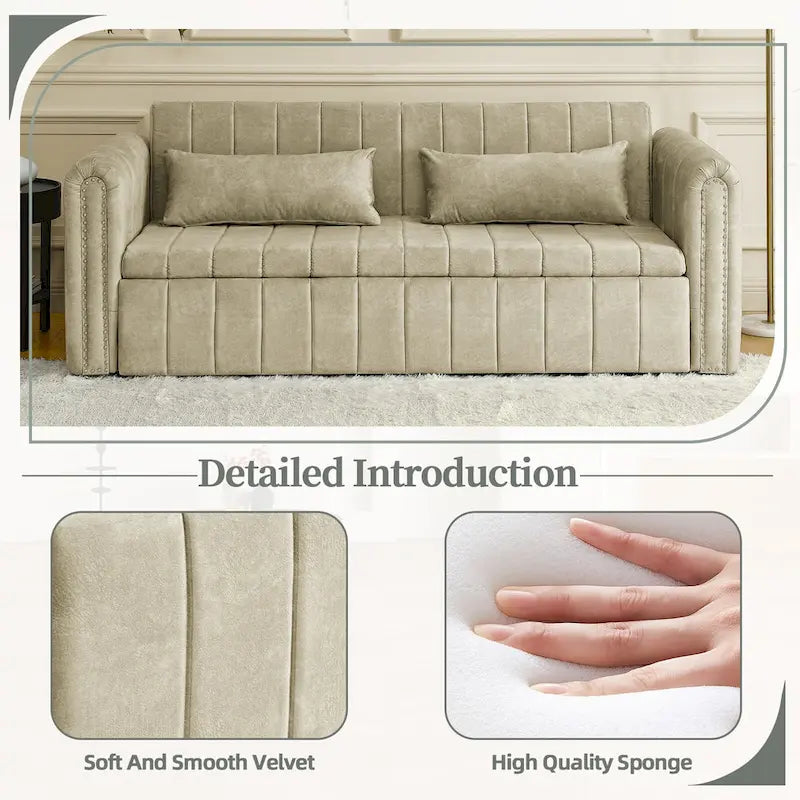 Modernes Schlafsofa aus Samt mit Rollarmen, verziert mit Kupfernägeln