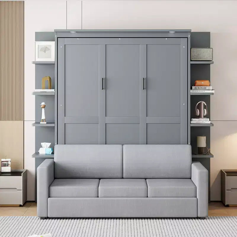 Whisen Modern Design Queen-Size Schrankbett mit Holzrahmen, Sofa und Regalen