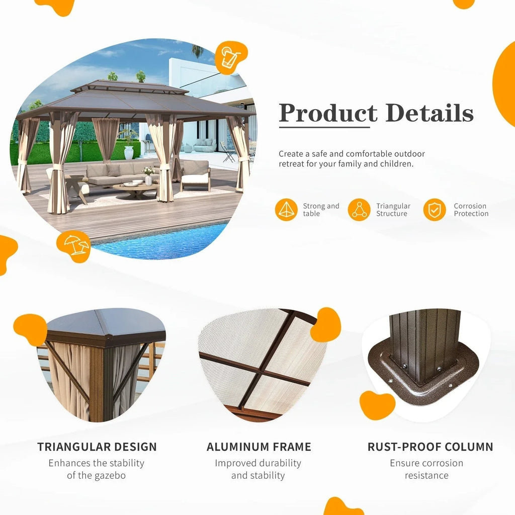 EROMMY Hardtop-Pavillon, Outdoor-Pergola mit Doppeldach & Netzen & Vorhängen, Hochleistungs-Canopy für Terrasse, Garten, Poolparty
