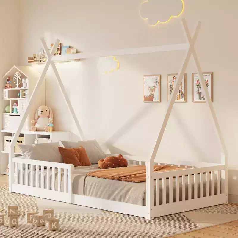Bodenbett für Kinder, Zeltbetten in Doppelbettgröße, Montessori-Bodenbett mit Lattenrost und Zaungeländer, Holz-Hausbettgestell für Jungen und Mädchen