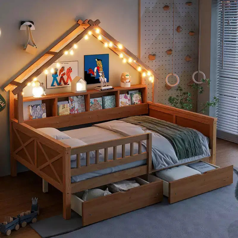 Hausbettgestell in voller Größe mit Schubladen, Haus-Plattformbett mit LED-Beleuchtung, Ablagefächern und Schubladen, Tagesbett aus Holz mit Dach und Geländer