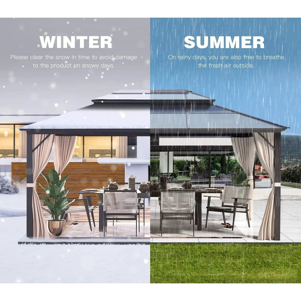 EROMMY Hardtop-Pavillon, Outdoor-Pergola mit Doppeldach & Netzen & Vorhängen, Hochleistungs-Canopy für Terrasse, Garten, Poolparty