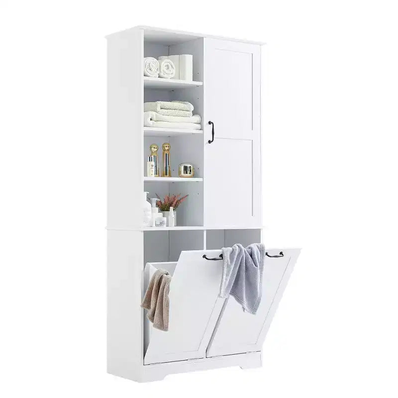 Badezimmerschrank mit Türen und Schubladen, Kippwäschekorb, mehreren Ablagefächern, freistehend