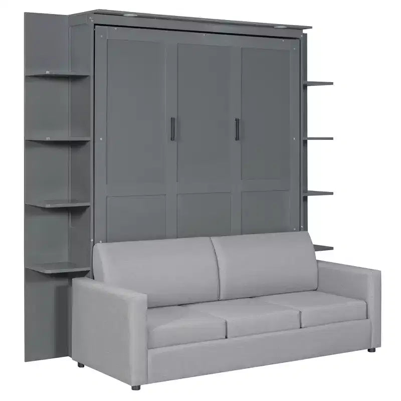 Whisen Modern Design Queen-Size Schrankbett mit Holzrahmen, Sofa und Regalen