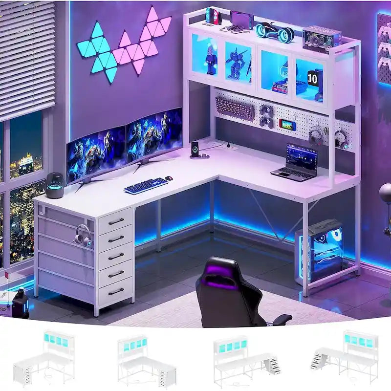 L-förmiger Gaming-Schreibtisch Computertisch Lochwand 5 Schubladen Ablagefach