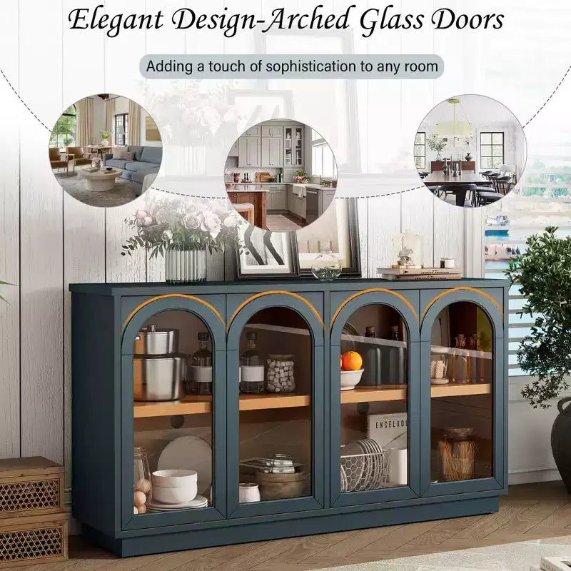 Großes 4-türiges Sideboard mit Glastüren, gewölbtes Sideboard mit verstellbaren Einlegeböden für die Küche