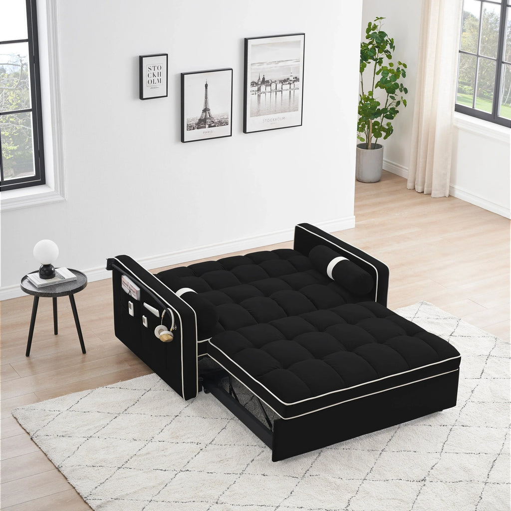 Samt-Schlafsofa zum Umbauen, 140 cm, 2-Sitzer, mit Ausziehbett, verstellbarer Rückenlehne, Seitentaschen und Handyhalterung