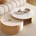 Moderner runder Couchtisch, Stein-Tischplatte, Naturholz - 50 x 31.5