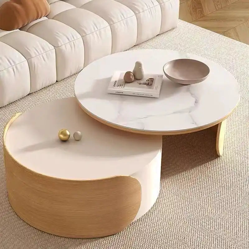 Moderner runder Couchtisch, Stein-Tischplatte, Naturholz - 50 x 31.5