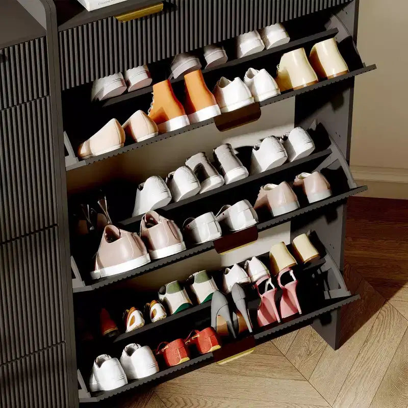 Moderner weißer Schuhschrank mit 3 Kippschubladen und 2 kleinen Schubladen und Haken, schlanker geriffelter Schuhaufbewahrungsorganisator, schmaler Flurschrank