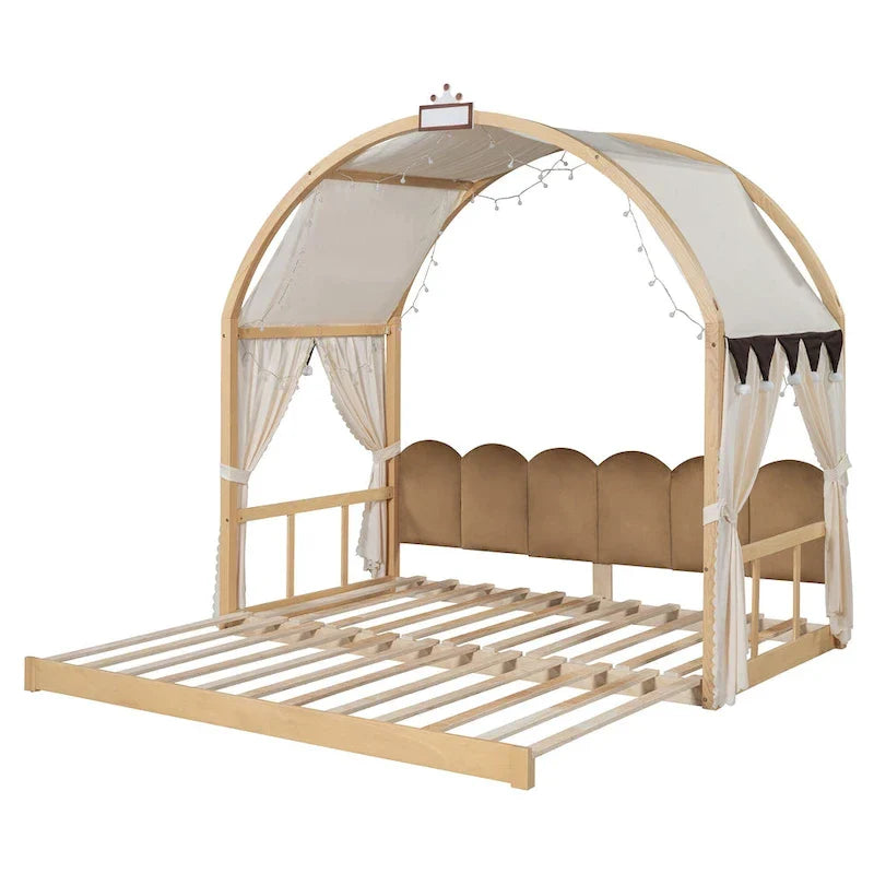 Massivholz-Spielhaus-Plattformbett, Montessori-Bettrahmen mit gewölbtem Dach und Ausziehbett für Mädchen und Jungen
