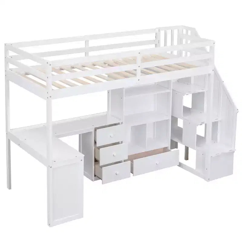Hochbett in Twin-Größe mit L-förmigem Schreibtisch, 3 Schubladen, Schrank, Treppenstauraum, aus massivem Kiefernholz/MDF gefertigt