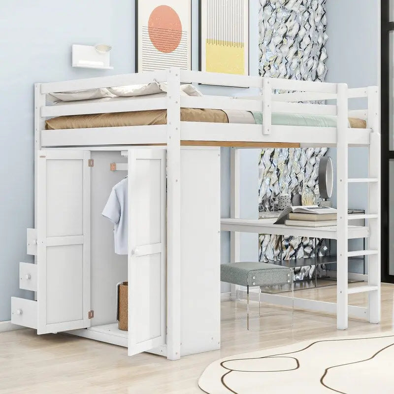Vollholz-Hochbett mit integriertem Kleiderschrank, Schreibtisch, Ablagefächern und Schubladen