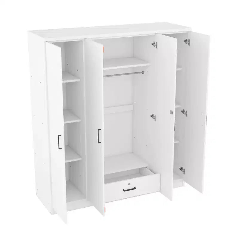 Holz-Kleiderschrank mit 4 Türen, Kleiderstange, 1 Schublade und Ablagefächern