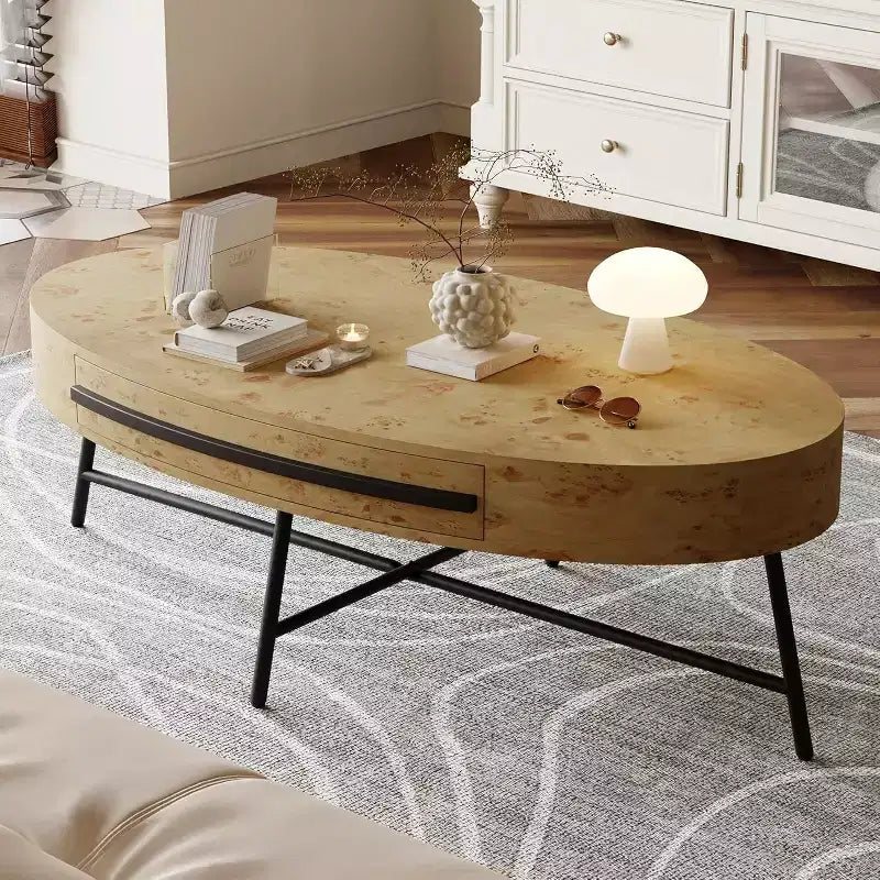 Acekool Ovaler Couchtisch mit Schublade, 120 cm Holz-Ablagetisch mit gekreuzten Metallbeinen, Mid-Century Modern Beistelltisch in Natur & Golden Willow