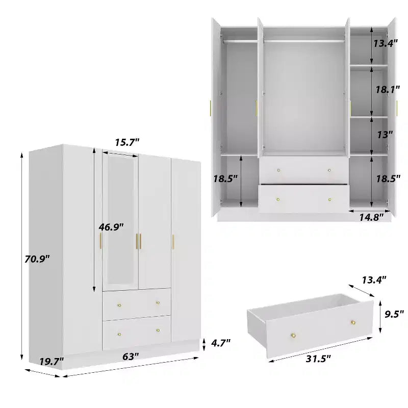 Hitow Kleiderschrank 2 große Schubladen, mittiger Hängeplatz mit Spiegel, minimalistischer Stil