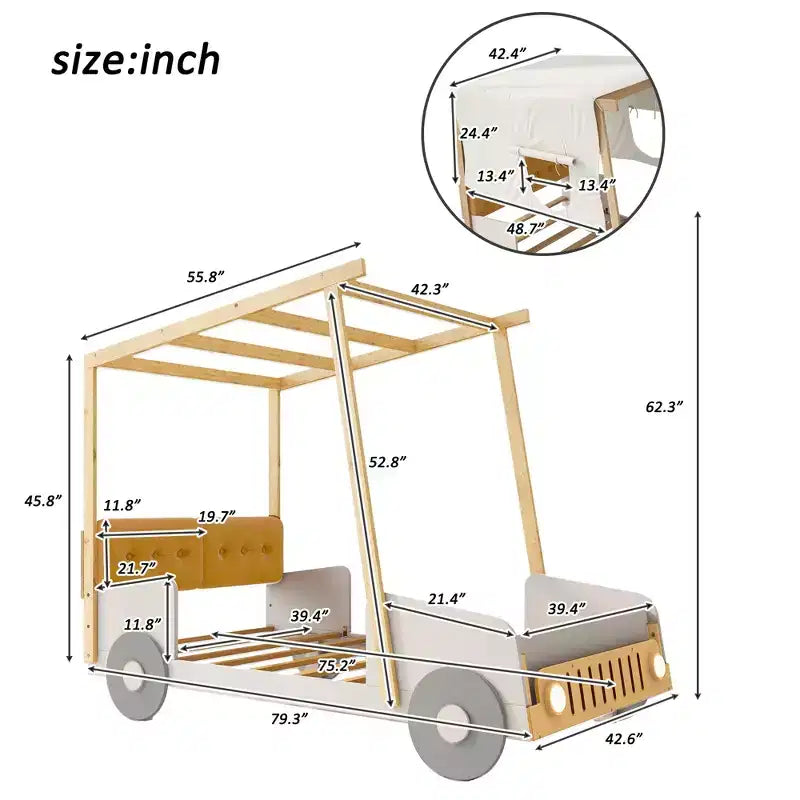 Whisen Holzauto-Bett mit Kissen, Himmelsstoff und LED – Natur