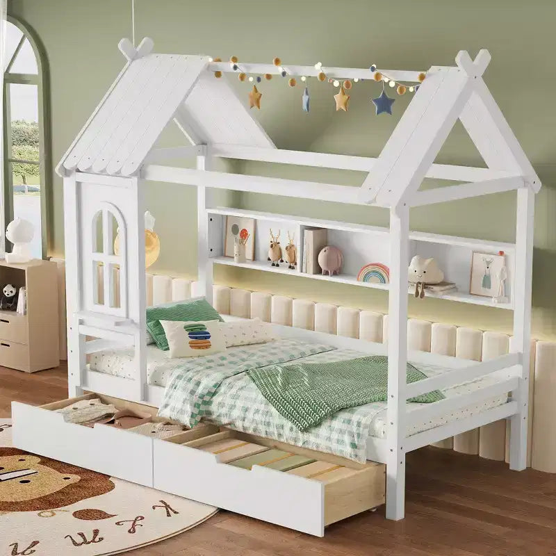 Haus-Plattformbett mit Aufbewahrungsschubladen und Fenster, Massivholzrahmen mit Regalen, kindgerechtes, lustiges Design, Hellweiß