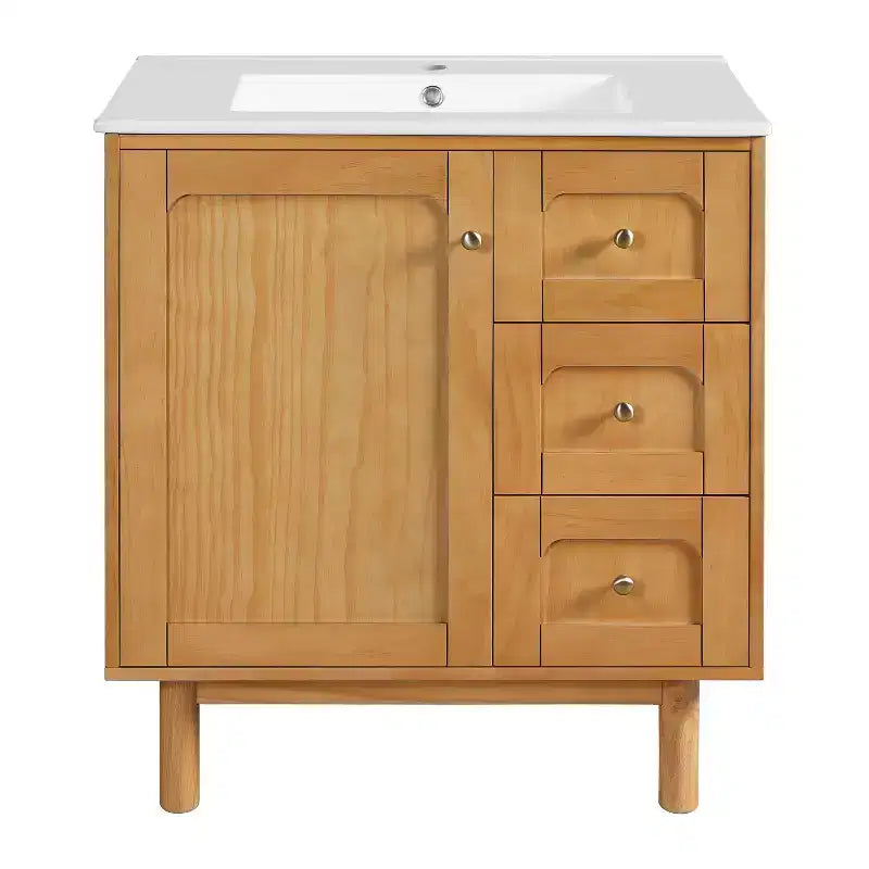 JVNOXK 75 cm Rustikaler Moderner Keramik-Waschtischunterschrank mit 3 Schubladen und 1 großer Soft-Close-Tür, Aufbewahrungsschrank, Naturholzmaserung