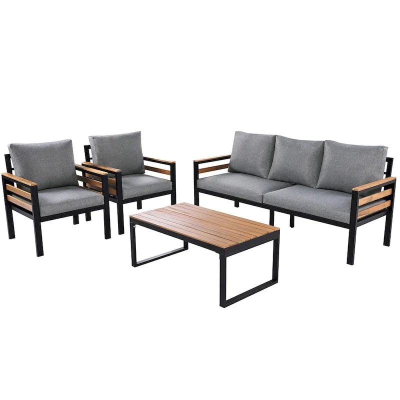 4-teiliges Outdoor-Sofa-Set für 5 Personen mit Couchtisch aus Massivholz und abnehmbaren Kissen
