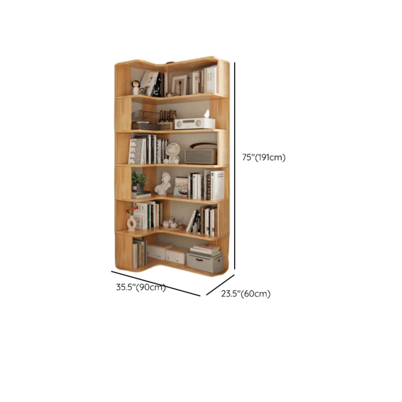 L-förmiges offenes Bücherregal aus Holz mit Naturfinish