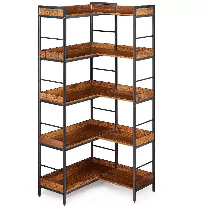 5-stufiges Eckregal in L-Form, 65 Industrieregal aus Holz und Metall (Rustikales Braun), wendbarer Stauraum für Wohnzimmer, Schlafzimmer und Home Office
