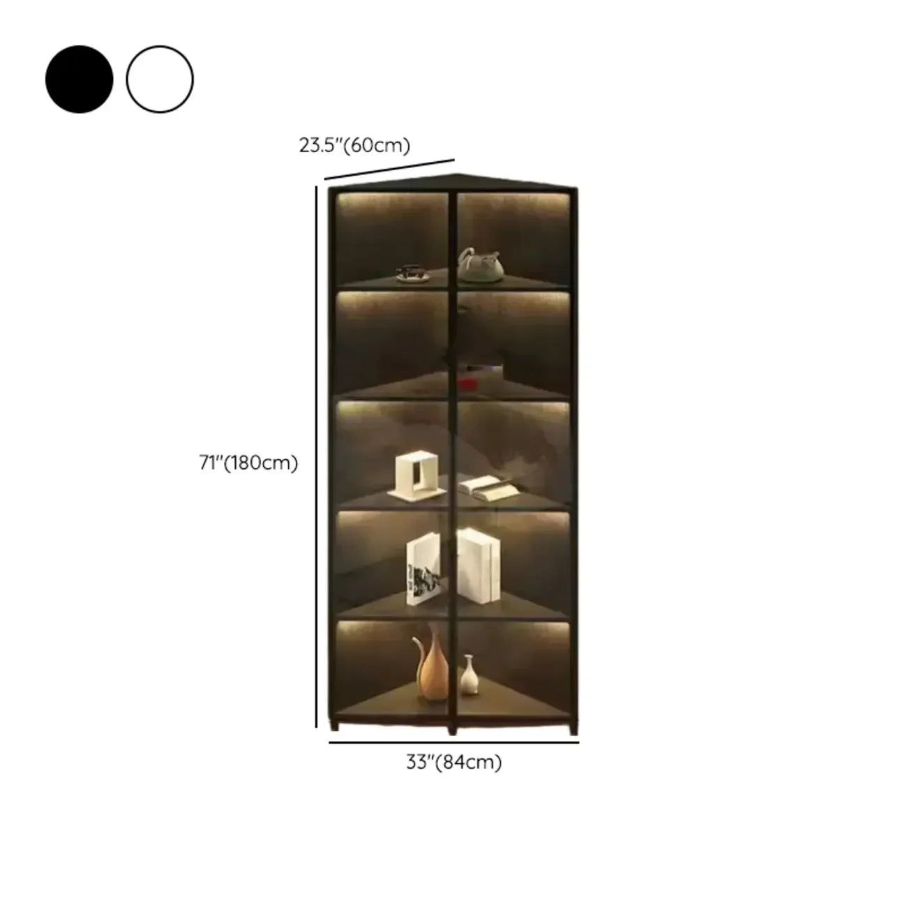 Modernes graues Eck-Standregal aus Metall und Holz mit Glastür