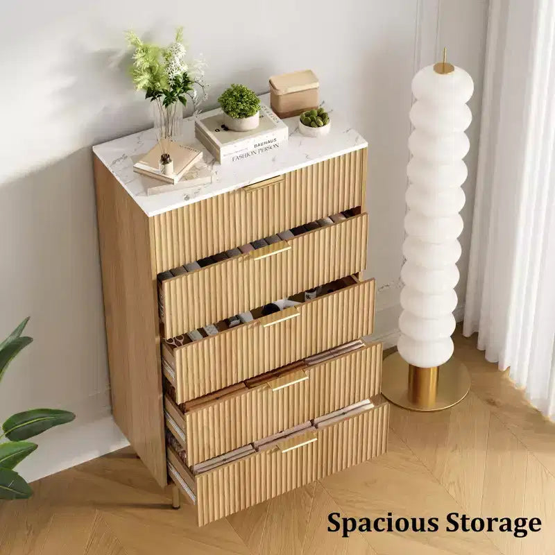 Weiß / Marmor & Holz Kommode mit 5 Schubladen – Geriffelte Platte, für 1 Person