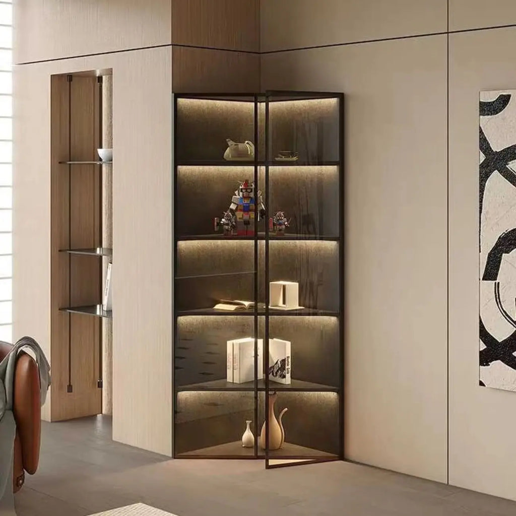 Modernes graues Eck-Standregal aus Metall und Holz mit Glastür
