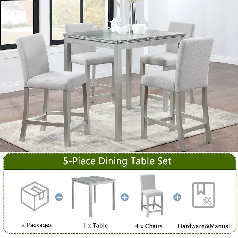 Modernes 5-teiliges Esszimmer-Set mit quadratischem Tresenhochtisch und 4 gepolsterten Stühlen
