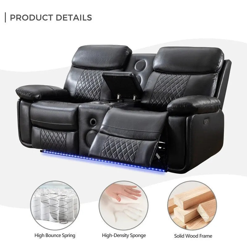 Elektrisches Liegesofa mit kabelloser Ladestation, Leselampe, LED-Beleuchtung für Wohnzimmer, Kunstleder, AC-/USB-Anschluss, Getränkehalter, Schwarz