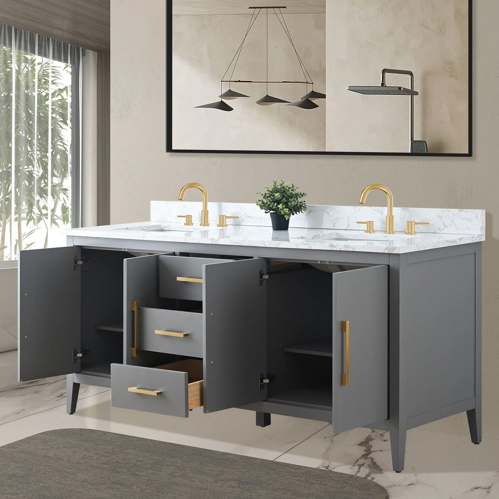 Vanity Art 72 Zoll Badezimmer-Waschtischunterschrank mit Doppelwaschbecken und Kunstmarmorplatte