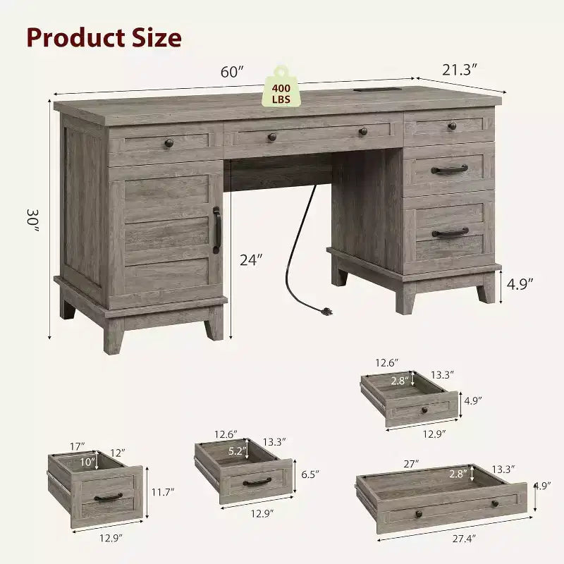 60 Executive Schreibtisch mit Schubladen, Home Office Schreibtisch mit Ladestation, Computer-Schreibtisch aus Holz für Arbeitszimmer, Konferenztisch für Wohnzimmer