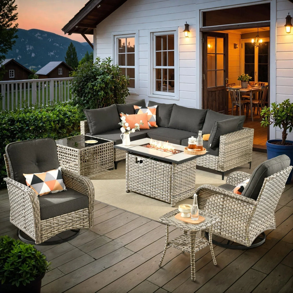 OVIOS 9-teiliges Gartenmöbel-Set aus Korbsessel und Feuertisch
