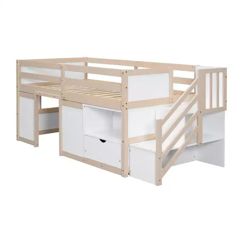 94.6L x 42.3B Massivholz-Hochbett in Twin-Größe mit Treppe, Schublade und Regal, modernes und klares Design