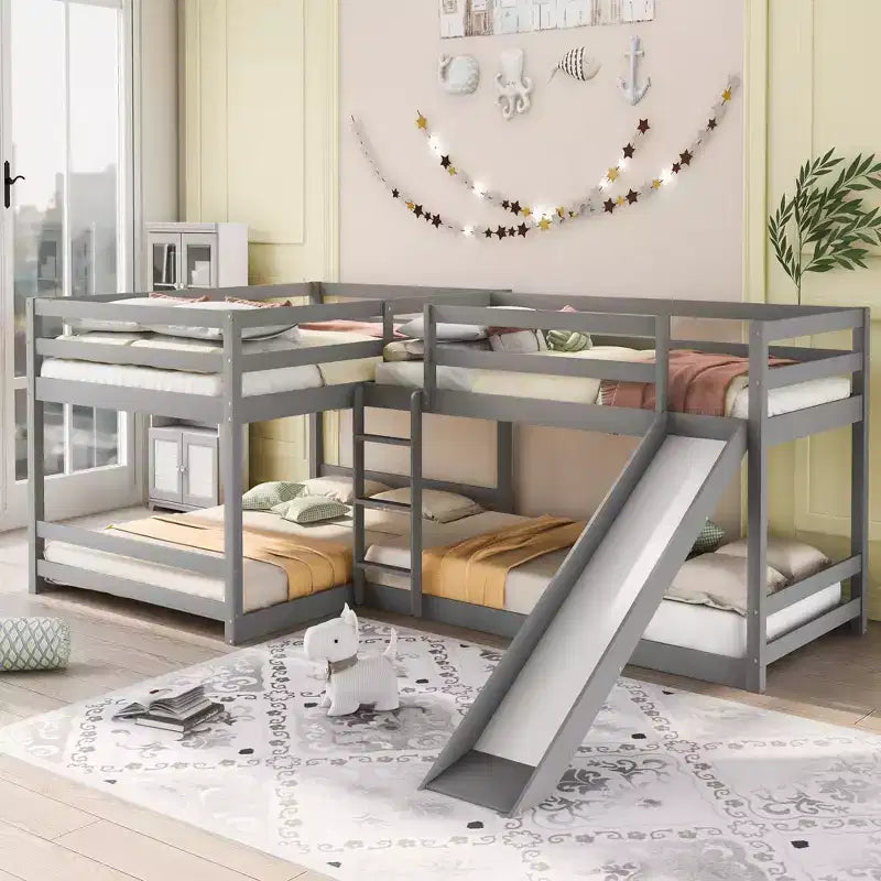 L-förmiges Etagenbett für 4 Kinder, Vierfach-Etagenbett mit Rutsche, Voll- und Twin-Holzrahmen für Schlafzimmer/Wohnheim