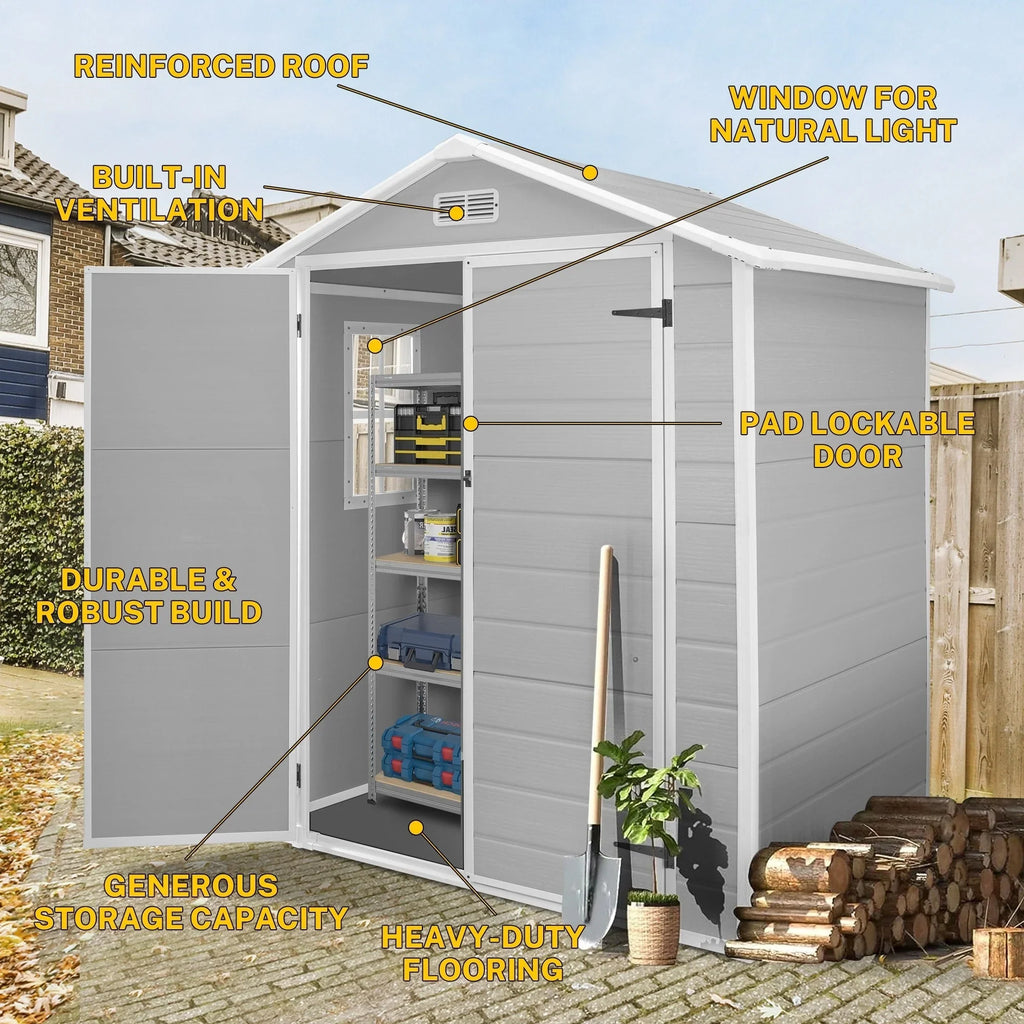 2 x 1,2 m/2 x 2,4 m/2,4 x 1,8 m/2,4 x 3 m Allwetter-Gartenhaus aus Harz mit Bodenplatte, Spire-Geräteschuppen