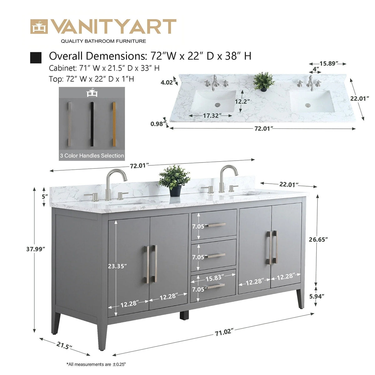 Vanity Art 72 Zoll Badezimmer-Waschtischunterschrank mit Doppelwaschbecken und Kunstmarmorplatte