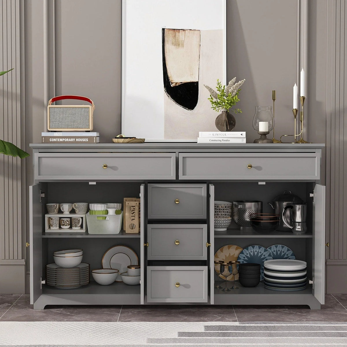 59,1'' Sideboard Buffet Weiß Mid-Century Modern Zeitgenössisch Lackiert