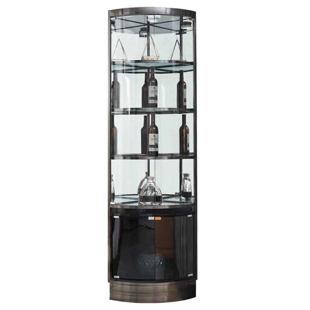 Eck-Weinregal aus Glas und Metall mit mehreren Ablageflächen