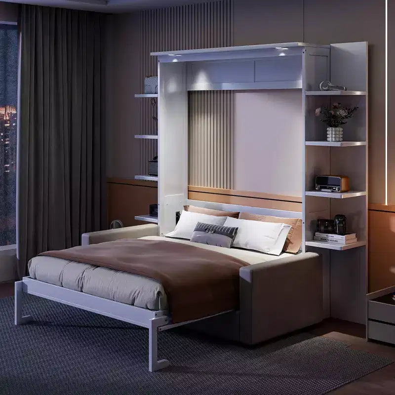 Whisen Modern Design Queen-Size Schrankbett mit Holzrahmen, Sofa und Regalen