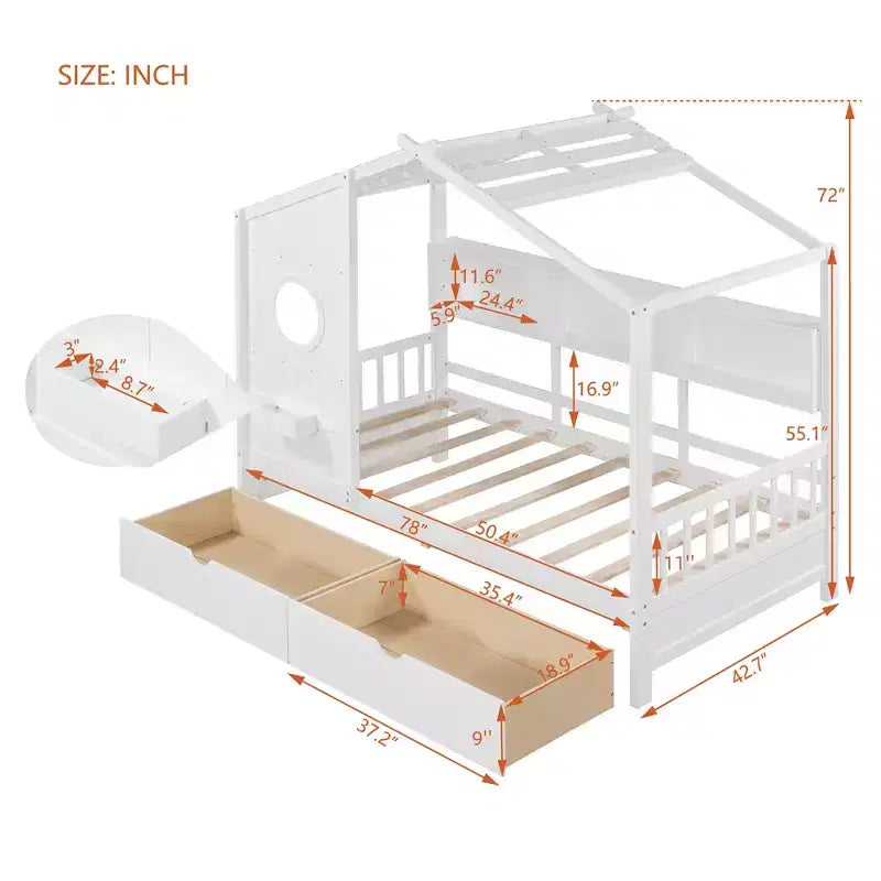 Hausbett aus Holz in Twin-/Full-Size mit 2 Schubladen, Kinderbett mit Ablageregal - ModernLuxe