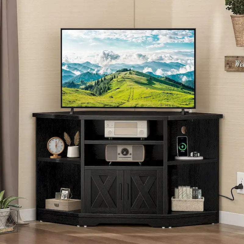 Farmhouse Eck-TV-Ständer Unterhaltungscenter Medienkonsole für Fernseher bis 55 Zoll mit Steckdose