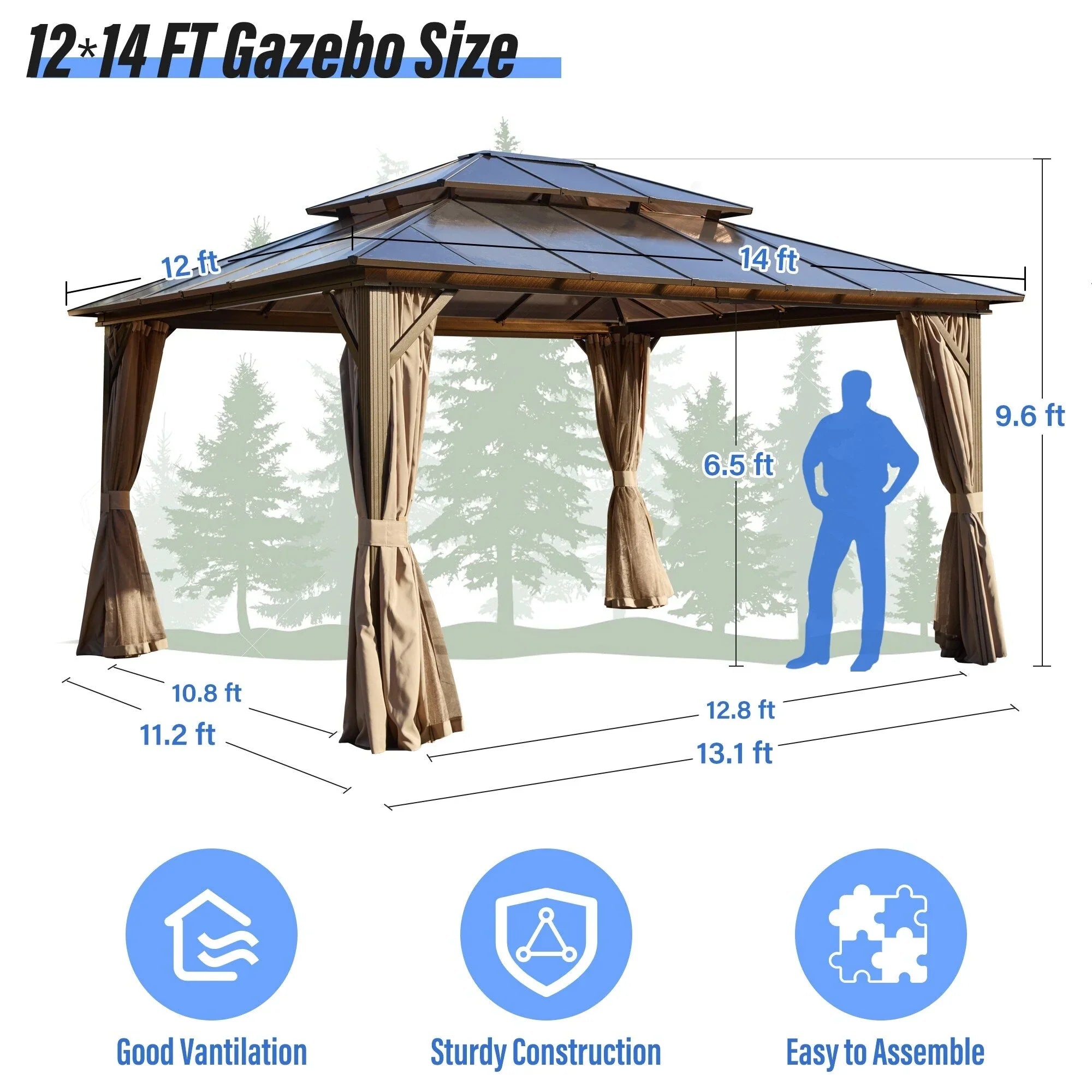 EROMMY Hardtop-Pavillon, Outdoor-Pergola mit Doppeldach & Netzen & Vorhängen, Hochleistungs-Canopy für Terrasse, Garten, Poolparty