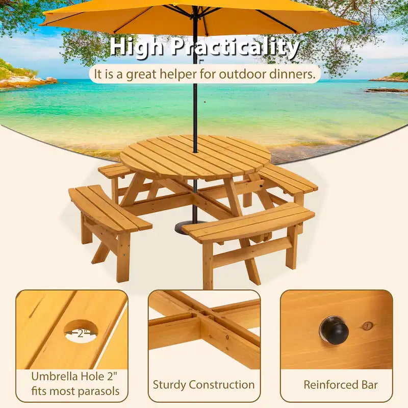 8-Personen Outdoor-Picknick-Esstisch-Garnitur aus Tannenholz, rund, mit 4 integrierten Bänken und Sonnenschirmloch